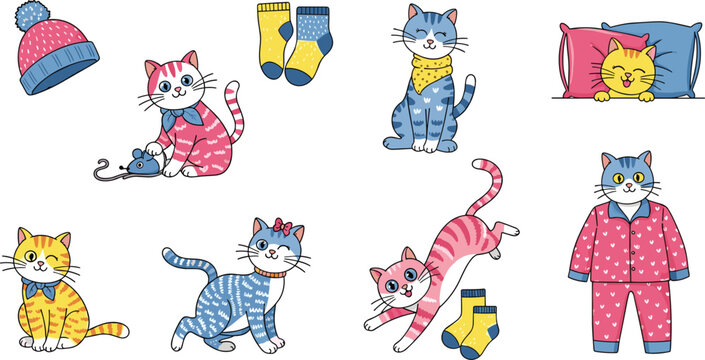 Cozy Cat Vector Set with Winter Accessories, Pajamas, and Playful Poses for Animal Lovers, Pets, and Cute Illustrations