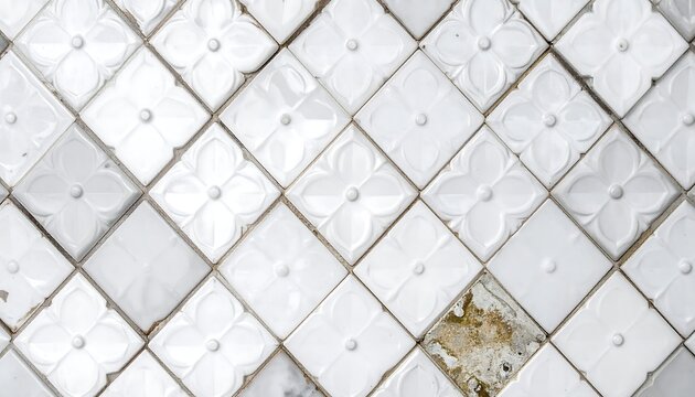 Close-up of a white tiled surface with a missing tile.