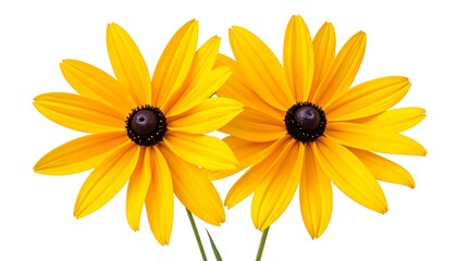 Obraz premium Two vibrant yellow Black-Eyed Susan flowers against a clean white background.
