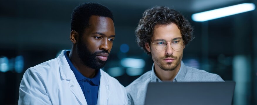 In a modern tech lab an African American male data analyst and Hispanic male machine learning engineer explore models for big data processing.