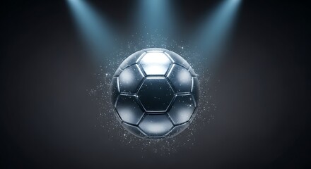 Fototapeta premium A gleaming metallic soccer ball illuminated by three spotlights on a dark background with subtle particle effects, creating a dramatic and powerful sports aesthetic.