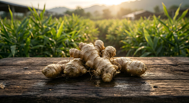 Highly realistic photo of a bowl filled with fresh ginger roots placed on a rustic wooden table in a ginger farm field