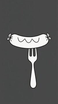 Minimalist flat line art illustration of a single outlined sausage centered on top of a white fork against a solid dark grey background, featuring clean strokes and simple graphic design.