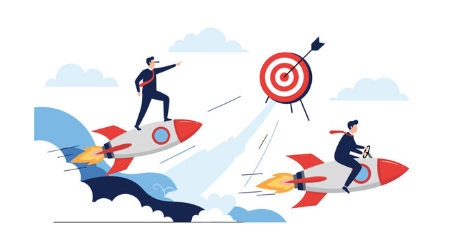 Two business competitors riding fast rockets towards a bullseye target representing market success and goal achievement.