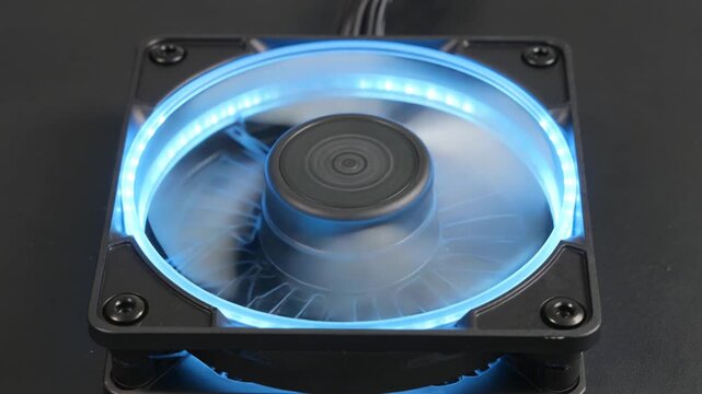 A close-up view of a computer cooling fan with blue LED lighting on a dark background.