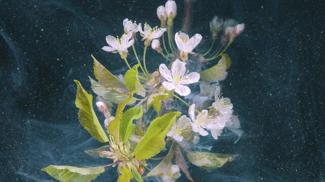 Underwater ornamental branch blossoms surrounded by swirling mist and microbubbles, soft petals and lively leaves in slow cinematic float with garden