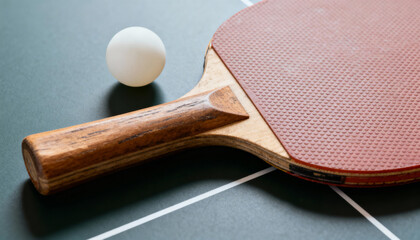 Table tennis paddle and ball close-up on table