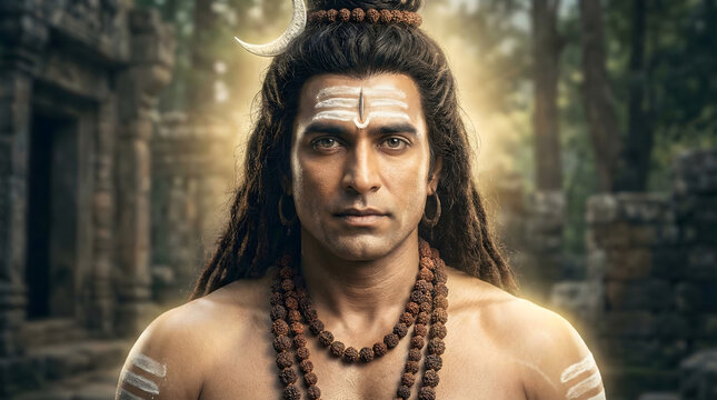 Mahadev realistic illustration with tripundra and rudraksha malas, meditative Shiva depiction for spiritual worship and devotional art background wallpaper