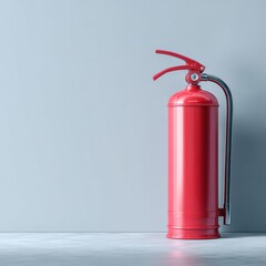 Fototapeta premium The 3D rendered fire extinguisher shows a shiny red cylinder with a nozzle, positioned on a white background illuminated by a spotlight.