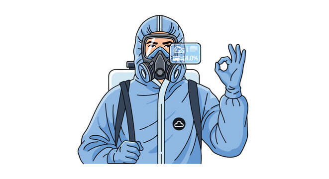 Safety professional wearing a full protective hazmat suit and respirator mask using advanced hud glasses for data monitoring.