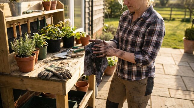 Woman cleaning muddy hands with a cloth at a rustic potting bench in a sunny backyard, representing sustainable gardening concept and a fulfilling hobby during golden hour