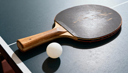 Table tennis paddle and ball close-up on table