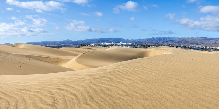 Dunas de Maspalomas sand dunes desert on Gran Canaria island holidays panorama in Spain