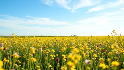 Fototapeta premium Blooming field of dandelions and flowers under blue sky