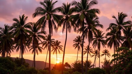 Obraz premium Sunset over lush tropical palm trees, possibly in Hawaii or South Pacific, warm evening on a beach with calm atmosphere.