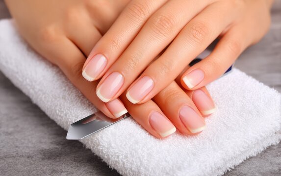 Elegant Nail Care Application with Polish on Neat Hands