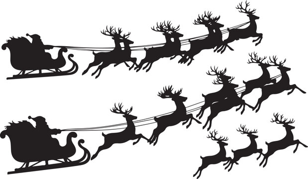 Santa Claus Sleigh Ride with Reindeer Silhouettes in Flight