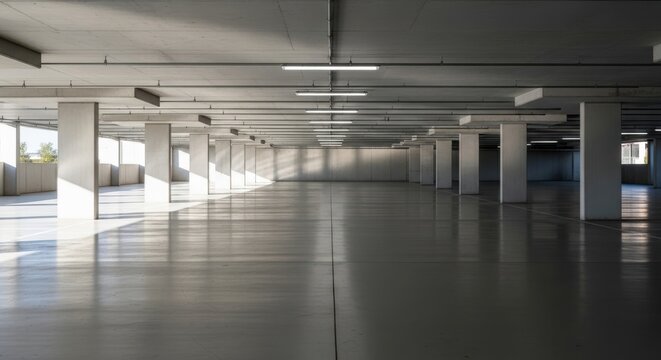 Empty concrete parking garage interior with rows of pillars and bright sunlight streaming through.