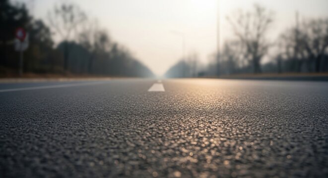 A low-angle shot of an empty asphalt road stretching into the distance with a white line marking the center.