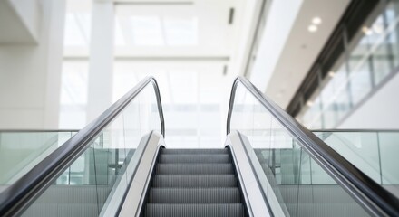 Obraz premium An upward-facing perspective of a modern escalator with glass railings in a bright, contemporary building.
