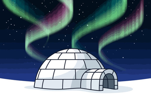 Cartoon Igloo Under Aurora Borealis Night Sky