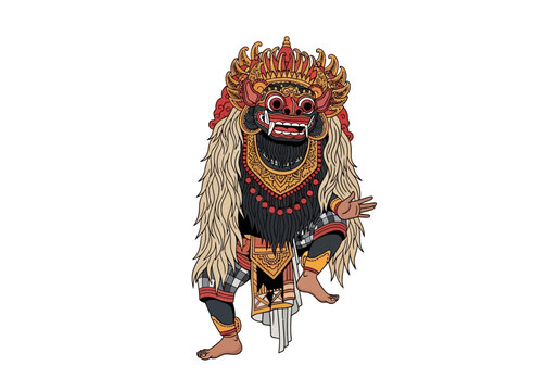 Balinese Barong Illustration: Traditional Masked Character with Ornate Headdress