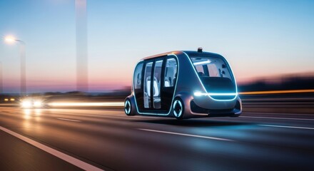 Fototapeta premium Futuristic autonomous shuttle bus driving on a highway at dusk with glowing lights.