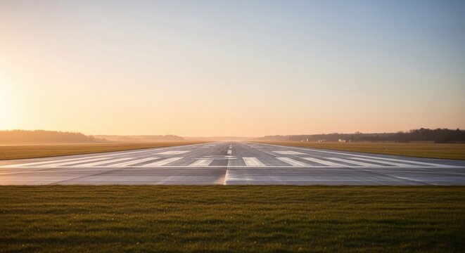 A long, empty runway stretches towards the horizon under a clear, pale sky at sunrise.