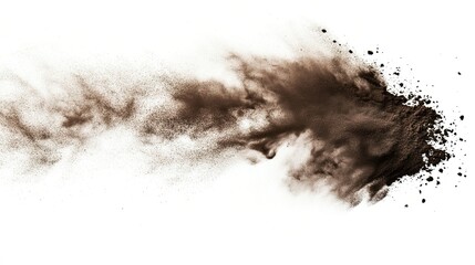 Obraz premium dispersion. Dynamic explosion of brown powder on white background, creating an artistic dispersion effect. menu design.