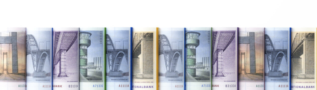 Danish krone currency banknotes standing in a row