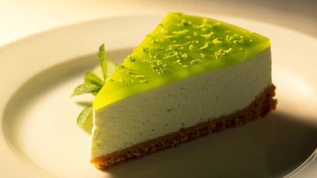 Bright Key Lime Cheesecake Slice with Fresh Mint with a Sweet  Tangy Dessert.
