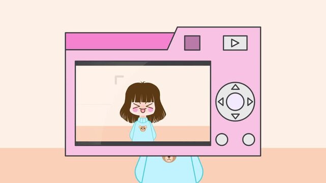 4K footage animation cute girl take picture photographer. Adorable little kid. Taking a photo concept. 