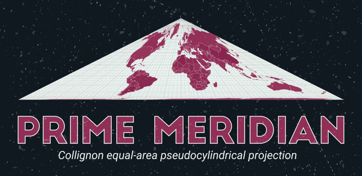 Prime Meridian. World map. Collignon equal-area pseudocylindrical projection centered to Prime Meridian. Pale Mint Dark Pink palette. Vintage texture. Artistic vector illustration.