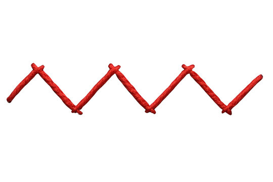 Red sewing thread forming a zigzag stitch pattern, a textured border or decorative line on a transparent background