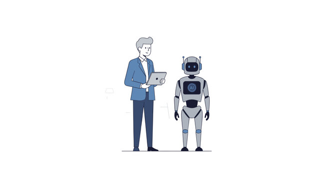 An elegant man in a blue blazer holds a digital tablet while standing beside a grey humanoid robot displaying a glowing blue AI chest emblem prominently.