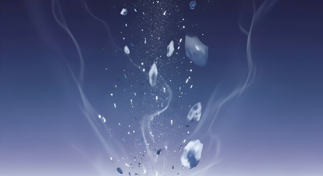 Abstract swirling particles and ice fragments in a blue gradient background