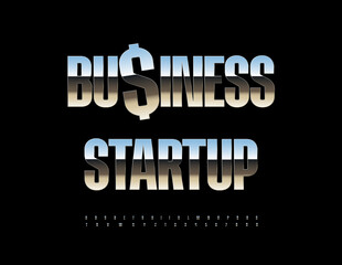 Obraz premium Vector Modern logo Business Startup with silver Dollar. Steel Digital Font. Shiny Metallic Alphabet Letters and Numbers set.