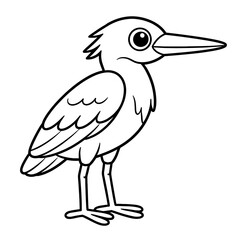 Fototapeta premium Minimalist Black Line Art Cute Bird Icon – Cartoon Heron or Stork with Long Beak, Big Eye and Detailed Wings, Simple Vector Illustration for Kids and Nature Themes