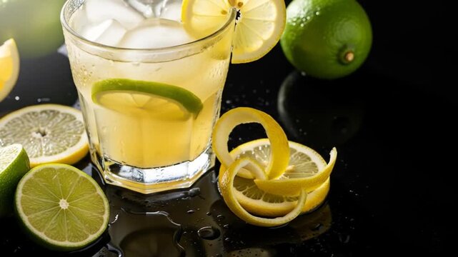 Zesty Lemonade Refresher with Ice with Fresh Limes and Lemons on Dark Surface.