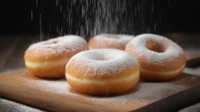 Powdered Sugar Sprinkling on Freshly Made Donuts on Wooden Board