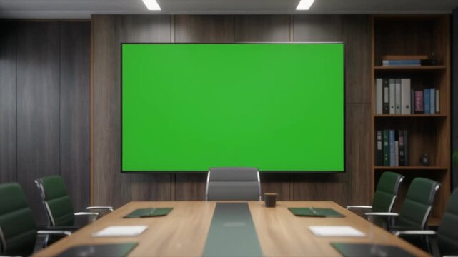 Modern Conference Room with Green Screen Display and Empty Meeting Table, Ready for Presentation or Virtual Meeting