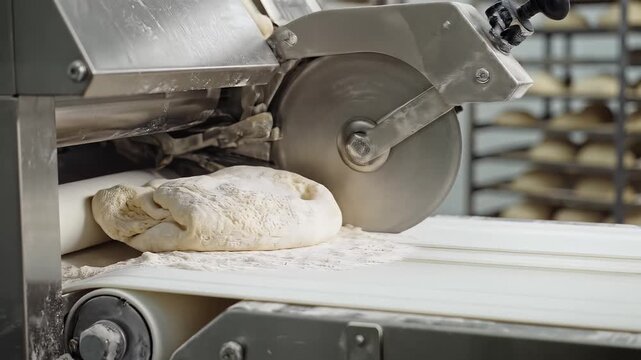 Industrial Bread Making Process on Automated Conveyor Belt Machine.