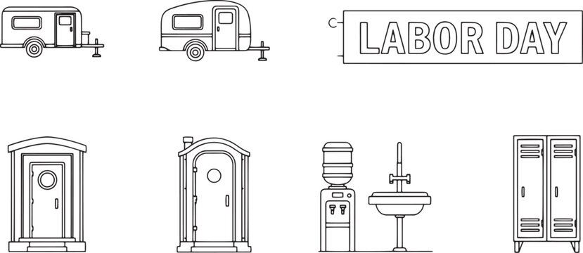 Labor day celebration caravan travel trailer portable toilet water cooler sink lockers concept for holiday workers and recreation.