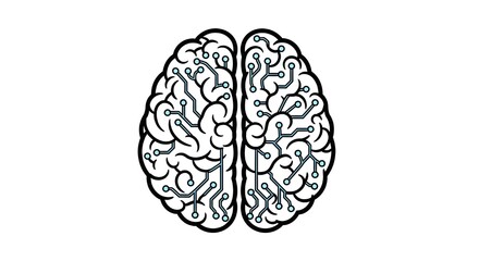 Fototapeta premium High-tech human brain illustration with integrated circuit lines and digital nodes, representing artificial intelligence, machine learning, and neural networks.