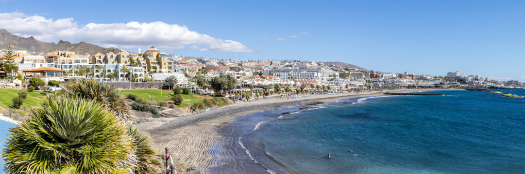 Tenerife island Costa Adeje panorama with Playa de Fanabe beach sea holiday in Spain