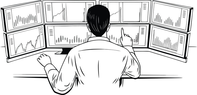 A high-angle, black and white vector line illustration of a financial day trader, seen from the back, sitting at a desk and pointing at a six-monitor multi-screen trading station.