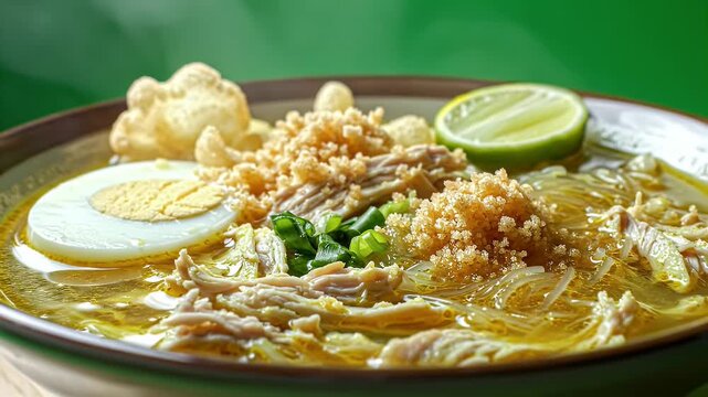 Delicious Soto Lamongan Soup A Traditional Indonesian Dish With Shredded Chicken Egg Noodles And Lime Served In A Bowl With A Green Background