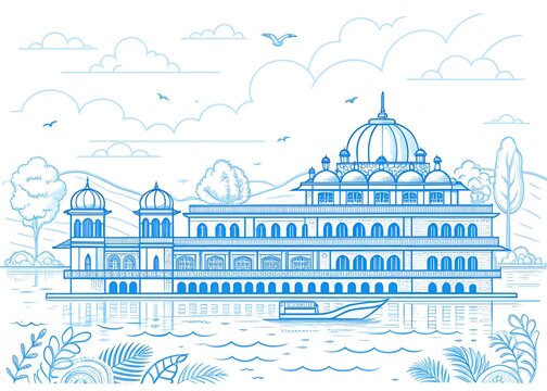 Indian Palace on Water Line Art: Majestic Royal Architecture with Domed Roofs, Reflection on Lake, and Tropical Foliage for Travel, Culture, and Adult Coloring Book Vector Illustration