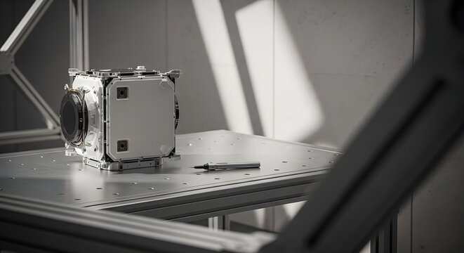 Advanced miniature cube satellite technology resting on a precision laboratory workbench for testing.