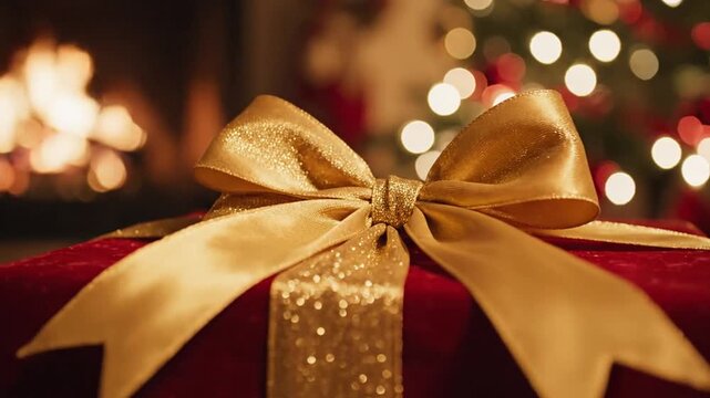 Wrapped gift box with a large golden bow set against a soft blurred background of festive holiday lights for seasonal advertising.